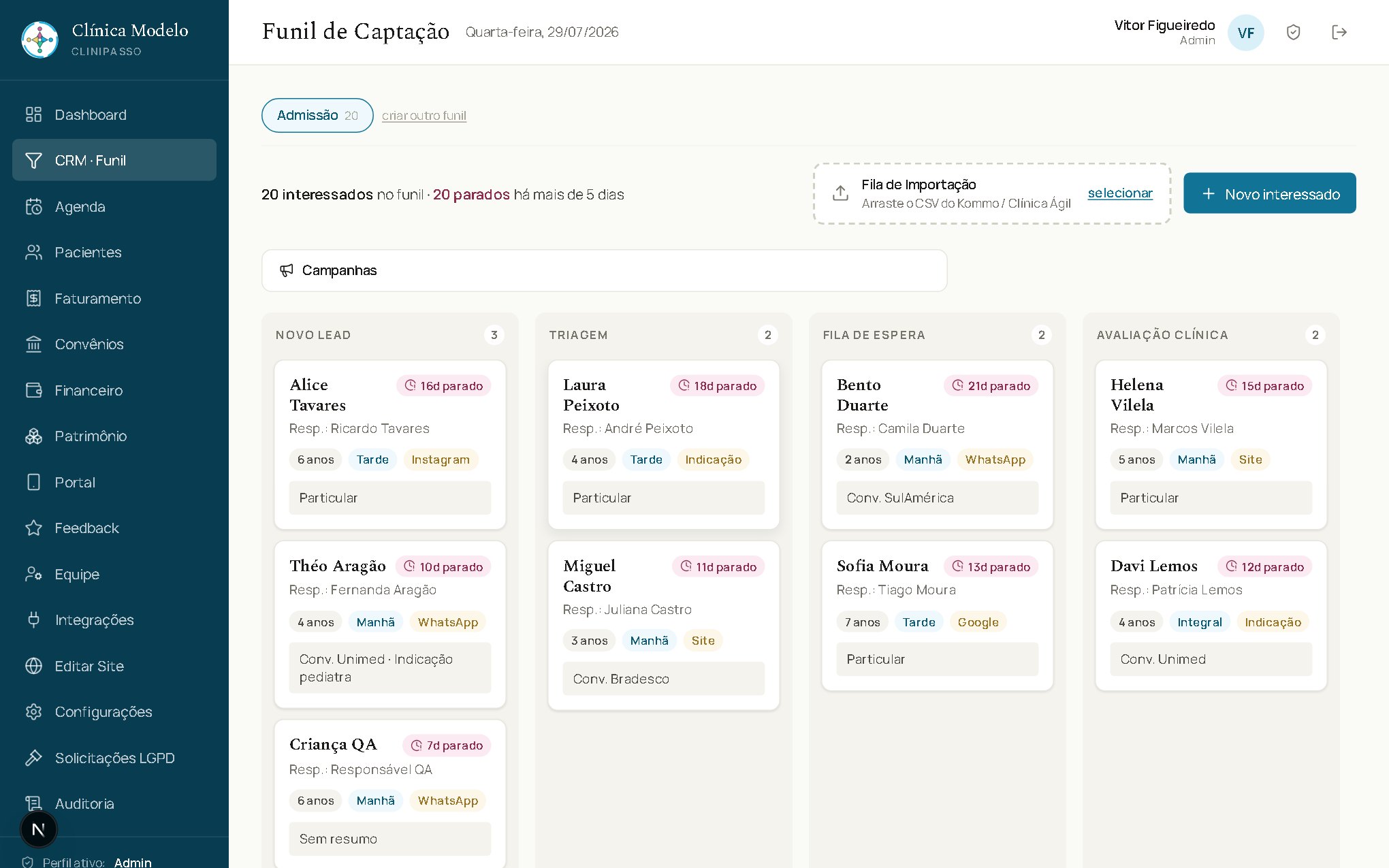 Funil de captação: colunas de novo lead, triagem, fila de espera e avaliação clínica, com cartões por família.